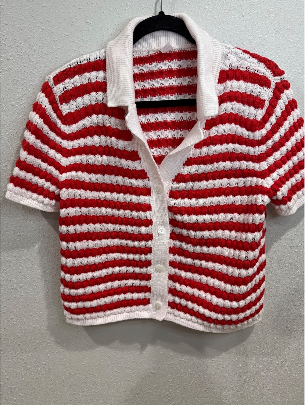 Old Navy Red White Pointelle Knit Matching Set Polo Cardigan Shorts M / M Petite